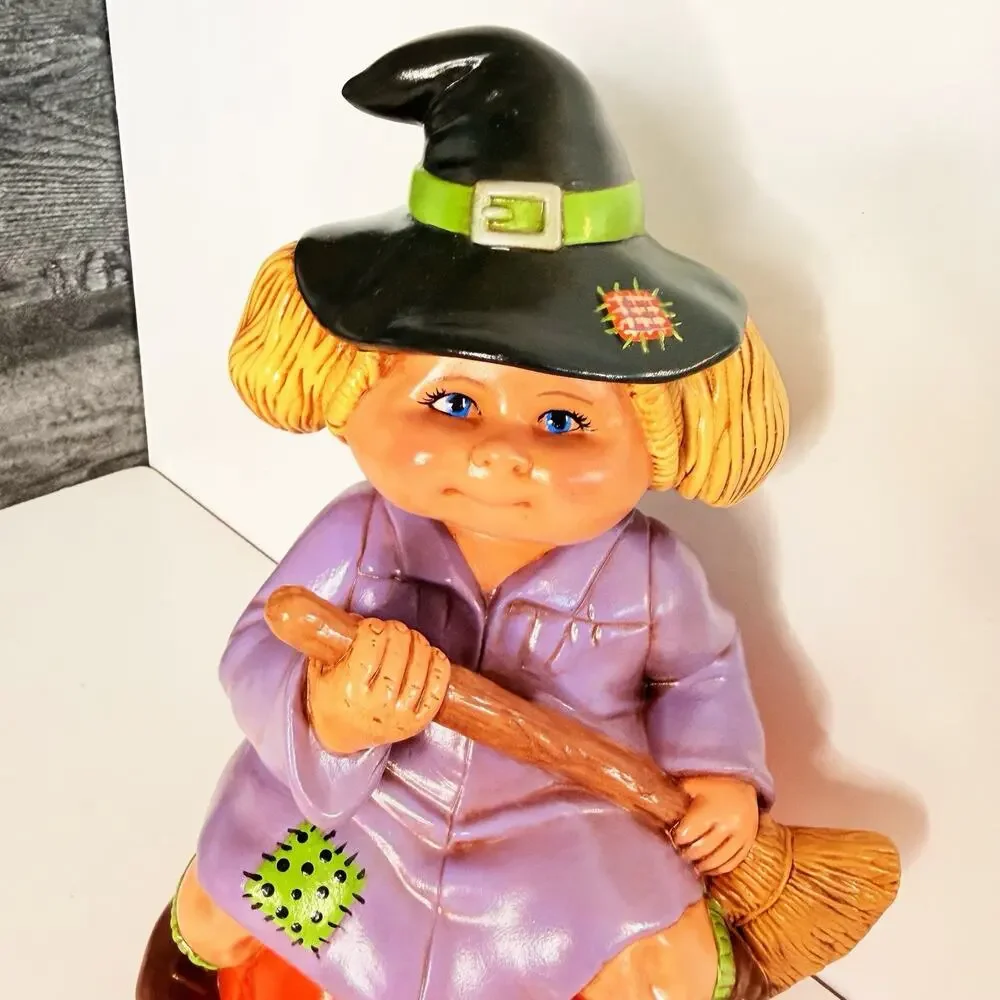 Vintage Ceramic Cabbage Patch Kids Halloween Witch Sitting on Pumpkin Figurine